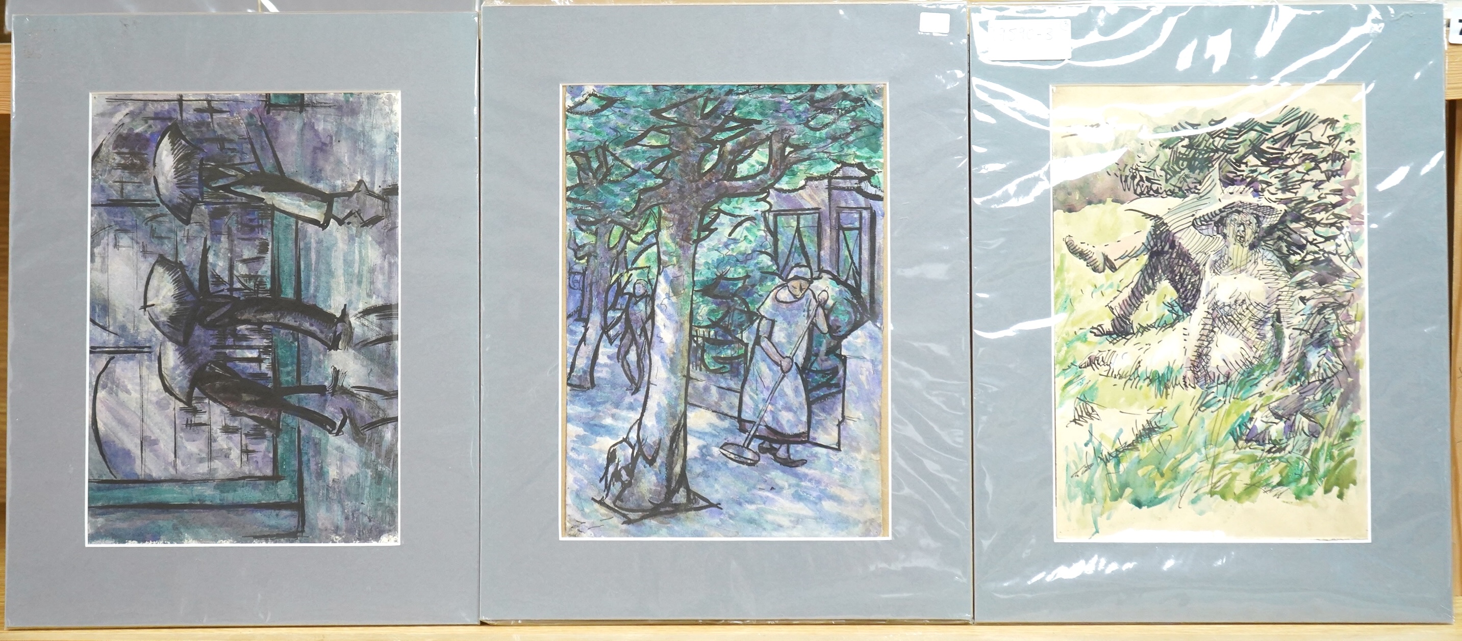 Harold Hope Read (1881-1959), ‘Figures in the rain’, ‘Brushing the leaves’ and ‘Outdoor Scene’, one signed, each with Bowden Fine Art labels verso, three ink and watercolours on paper, mounted, unframed, largest 28 x 19c
